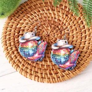 Western festival cowboy hat and boot disco ball drop earrings, unique wooden double sided jewelry.