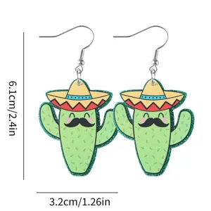Niedliche mexikanische Sombrero Kaktus Acryl Ohrringe mit Silberhaken für Damen.