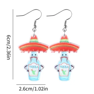 Süße mexikanische Tequila-Flasche Sombrero Acryl Ohrringe, lustige Kaktus Modeschmuck.