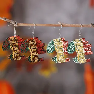 African Ethnic Style Tree Of Life Wooden Pendant Earrings Black History Month Double Sided Printed Geometry Ear Jewelry Gift For Women