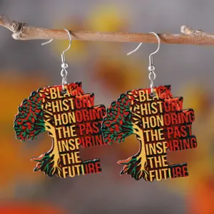 Close-up detail view of African style Juneteenth wooden tree of life pendant earrings.