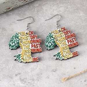 Detailed close-up of wooden Juneteenth tree earrings featuring Black History Month message.