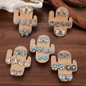 Vintage Alloy Rhinestone Flower Cactus Heart Cowboy Boots Stud Earrings Set Western Horseshoe Earrings Jewelry For Women Party Gift