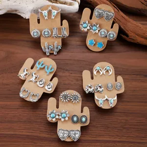 Boho Turquoise Cactus Horseshoe Cowboy Boot Stud Earrings Set Vintage Western Jewelry