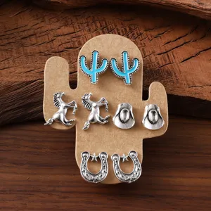 Western cowboy stud earrings set featuring cactus horse horseshoe and hat designs for women.