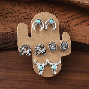 Western vintage turquoise bull skull horseshoe alloy earring set detail close-up display.