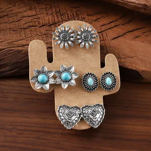 Western vintage style alloy stud earring set featuring cute cactus card display style.