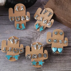 Vintage Western Cowboy Ohrstecker Set Für Damen Legierung Künstlicher Türkis Strass Stierkopf Stiefel Hut Kaktus Herz Ohrringe Schmuck