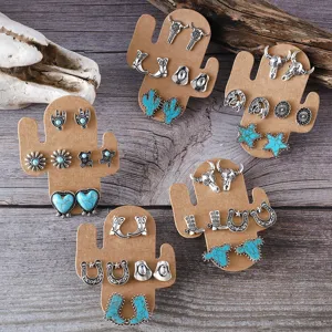 Westlicher Türkis Kaktus Stier Schädel Cowboy Stiefel Ohrring Set, modischer Schmuck.