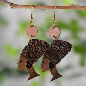 Wooden African queen profile earrings with geometric patterns, ethnic drop dangle jewelry.
