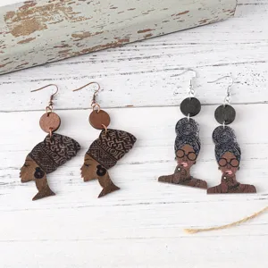 Wooden African Queen portrait drop earrings, ethnic jewelry fashion accessory gift details.