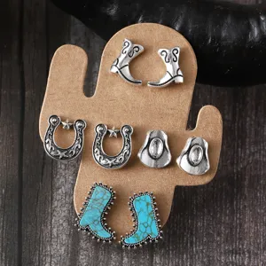 Western Cowboy Stiefel Hufeisen Türkis Ohrstecker Set Mode Vintage Kaktus Schmuck
