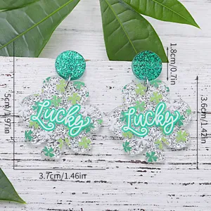 St. Patricksdag groene glitter klaver acryl hanger oorbellen met Lucky print details
