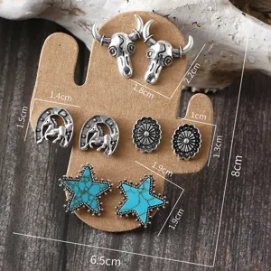 Vintage Westlicher Türkis Stierschädel Kaktus Ohrring Set Boho Schmuck für Damen