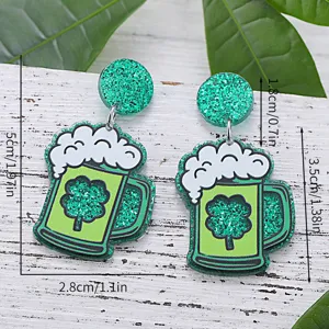 St. Patrick's Dag Groene Glitter Klaver Bier Krug Acryl Hangende Oorringen