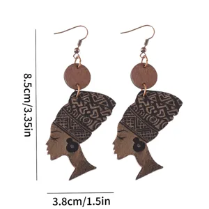 Wooden African Queen silhouette drop earrings, detailed ethnic pendant jewelry for women gift.