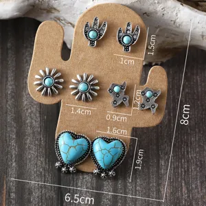 Vintage Türkis Kaktus Ohrstecker Set für Damen, Retro Silber Legierung Mehrteiliger Schmuck.