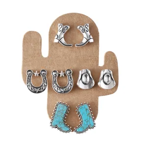 Westlicher Cowboy Ohrringe Set Vintage Türkis Kaktus Display Karte Modeschmuck für Frauen