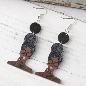 African queen wooden drop earrings, double-sided Afrocentric portrait dangle jewelry.