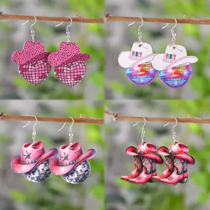 Western Cowboy Hat Boots Wooden Dangle Earrings For Women Music Festival Party Pink Disco Ball Heart Printed Wood Jewelry Gift