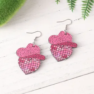Wooden disco heart cowgirl hat earrings for festival party western style fashion jewelry detail shot.