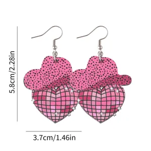 Pink western cowboy hat heart disco ball drop earrings wooden festival party cute jewelry