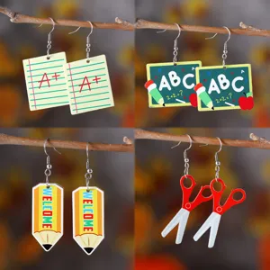 Pendientes de Acrílico con Tema de Regreso a Clases para Mujer Regalo para Maestra Tijeras Lápiz Cuaderno Pizarra Pendientes Colgantes