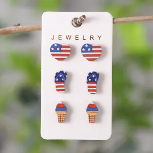 Unabhängigkeitstag Holz Ohrstecker Set für Damen patriotische Flagge Herz Schmuck