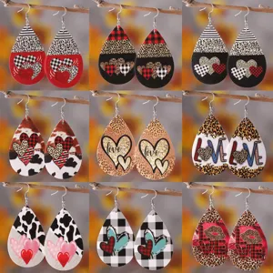 Valentinstag Kariert Leopardenmuster Herz Wassertropfen Ohrringe Doppelseitige PU Leder Legierung Haken Ohrringe Damen Mode Schmuck