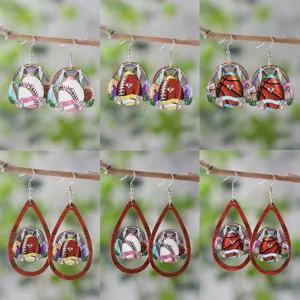 Pendientes de Madera de Pascua Gota de Agua Hueca Pendientes Colgantes de Gota Estampado Conejo Leopardo Patrón Deporte Pendientes para Mujer Fiesta Joyería Regalo