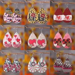 Pendientes Colgantes de Gota de Agua con Corazón de Amor de San Valentín para Mujer Pendientes Colgantes de Cuero Estampado de Doble Cara Cuadros Leopardo Joyería