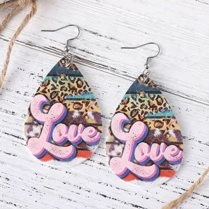 San Valentín Love estampado leopardo pendientes de lágrima de cuero PU regalo moda
