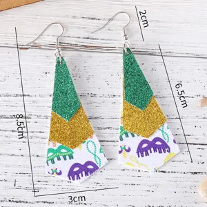 Boucles d'oreilles pendantes en cuir PU 3 couches Carnaval paillettes vert et or.