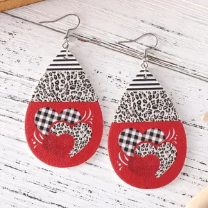 Valentinstag Tropfen Ohrringe PU Leder Leopard Karo Herz Design modischer Schmuck