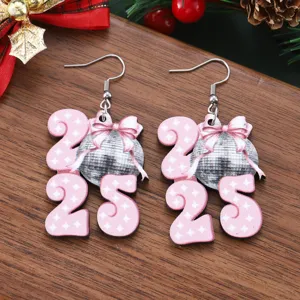Wooden 2025 disco ball bow dangle earrings close-up detail shot, festive holiday jewelry.