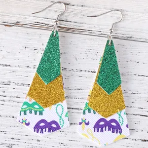 Boucles d'oreilles pendantes en cuir PU 3 couches Mardi Gras paillettes vert et or, bijoux tendance.