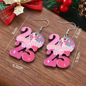 Wooden 2025 New Year disco ball drop earrings, festive pink number design holiday jewelry gift.
