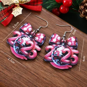 Detailed view of wooden 2025 disco ball bow earrings, festive new year design close-up.