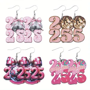 Detail view of wooden 2025 disco ball bow earrings in various festive party designs.