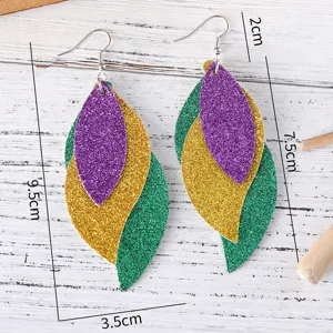 Boucles d'oreilles pendantes en cuir PU à paillettes feuillues 3 couches de Mardi Gras