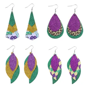 Boucles d'oreilles pendantes en cuir PU pailleté 3 couches carnaval vert jaune violet.