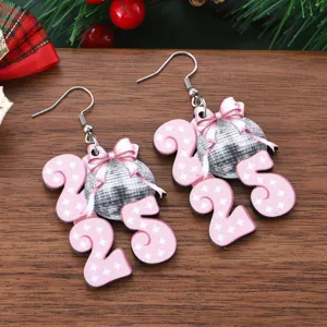 2025 New Year wooden disco ball bow drop earrings festive holiday fashion jewelry gift for women.