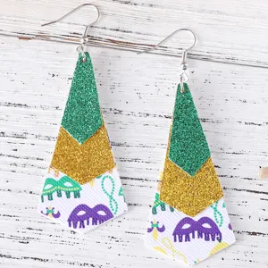 Boucles d'oreilles pendantes en cuir PU 3 couches paillettes vert or style Carnaval femme