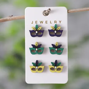 Carnival masquerade wooden stud earrings set, colorful festive mask design for women fashion.