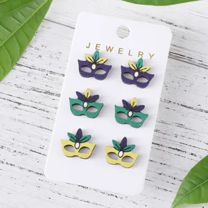 Colorful carnival mask wooden earrings set, cute fashion festival jewelry items for women.