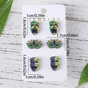 Colorful Carnival Jester Mask Wooden Stud Earrings Set for Women Festival Party Jewelry