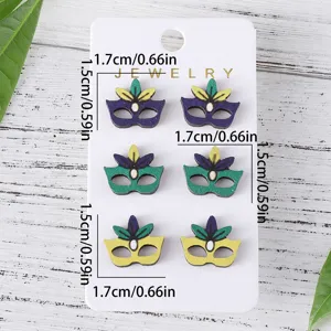 Colorful carnival mask wooden stud earrings set for women, perfect for festival party wear.