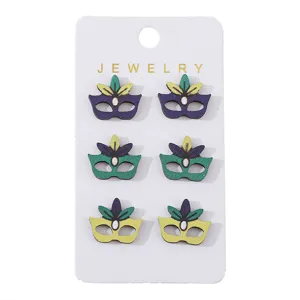 Mardi Gras carnival mask wooden stud earrings set, colorful festive festival jewelry for women.