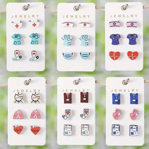 Lindos Pendientes de Madera Día de la Enfermera Conjunto para Mujeres Dibujos Animados Estetoscopio Corazón Órgano Médico Joyería Regalos