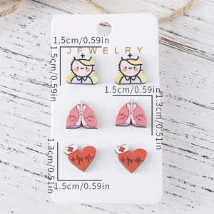 Bonito conjunto de pendientes de madera de enfermera, joyas médicas de corazón y pulmón.